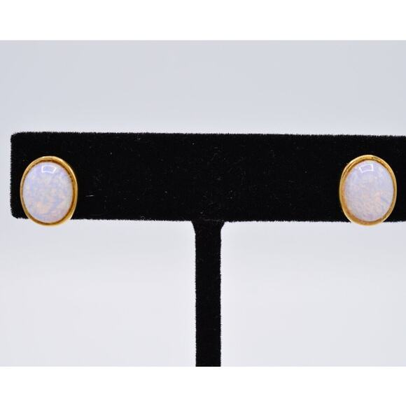 Givenchy Vintage Opal Earrings Stud Pink Purple Cabochon Oval Signed 1980s BinAF - Picture 1 of 12